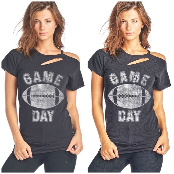 Tops - New! Black Distressed Football Game Day Top